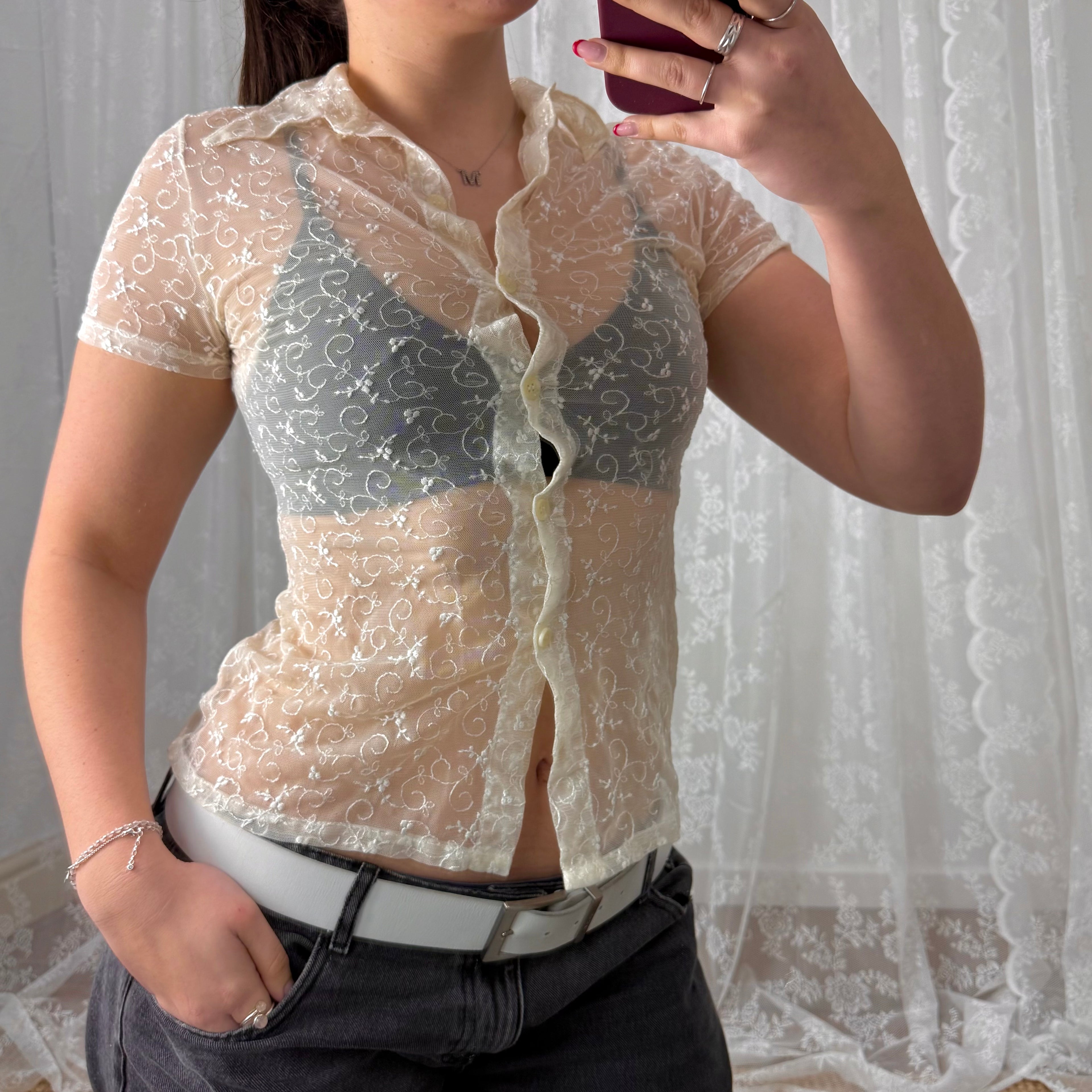 Cream mesh embroided shirt