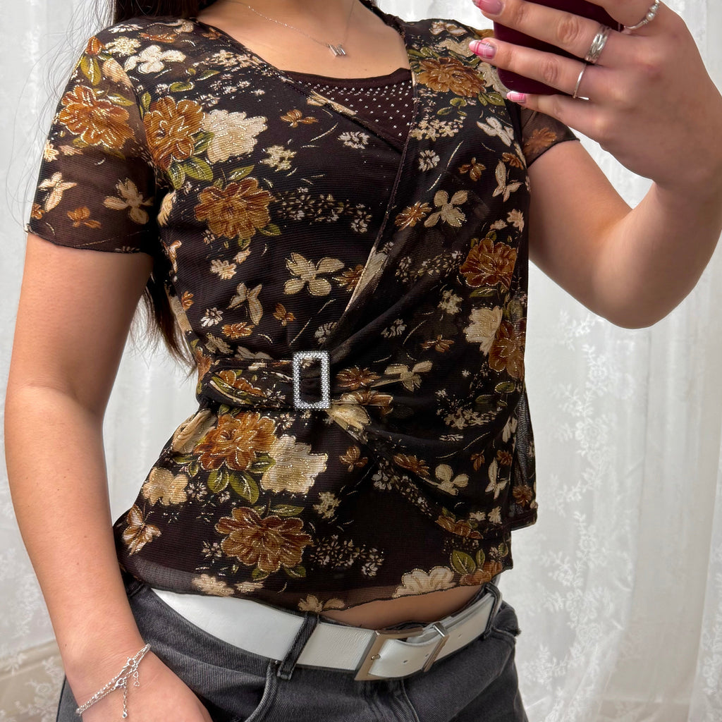 Brown floral mesh wrap around top