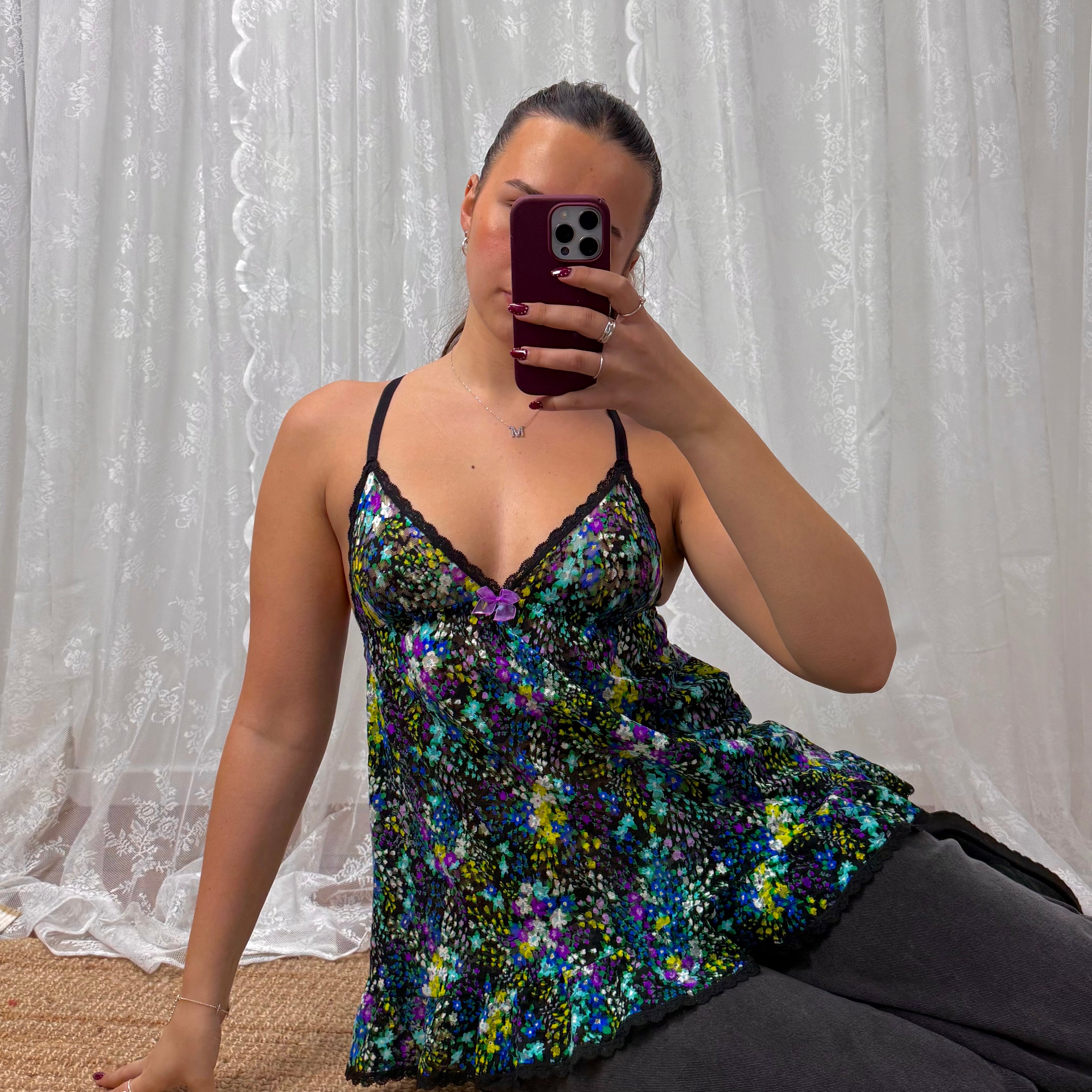 Multicoloured floral ditsy Longlined cami top