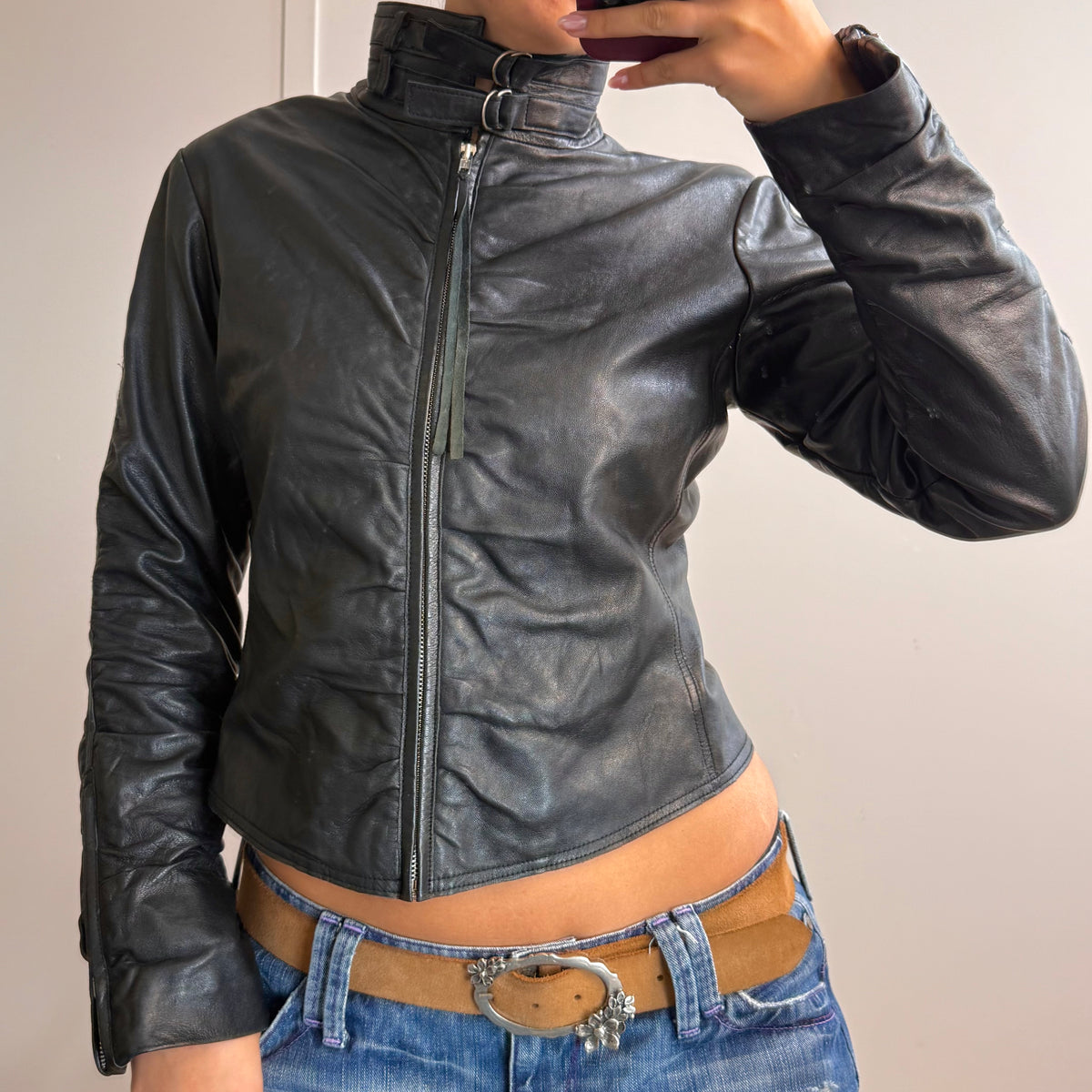 Black leather ruched jacket with collar detailing