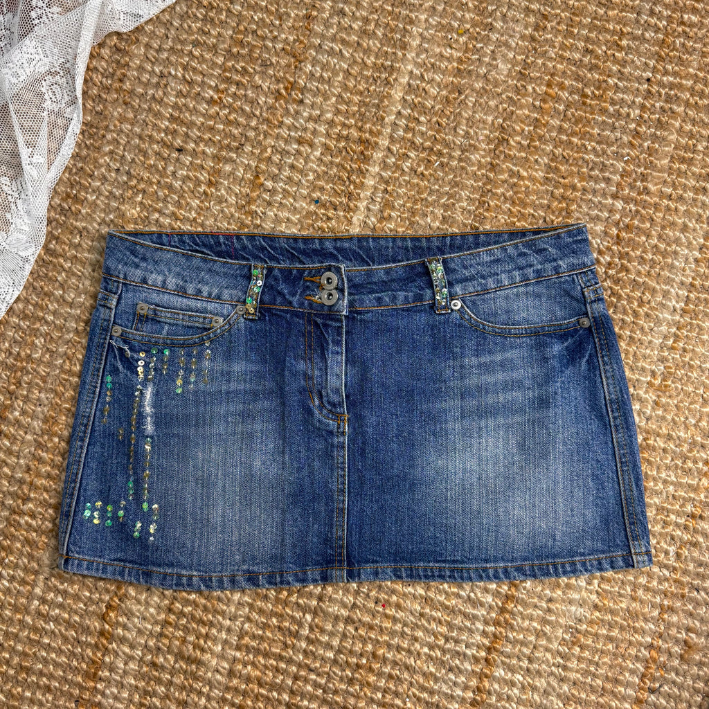Blue denim sequin low waisted mini skirt