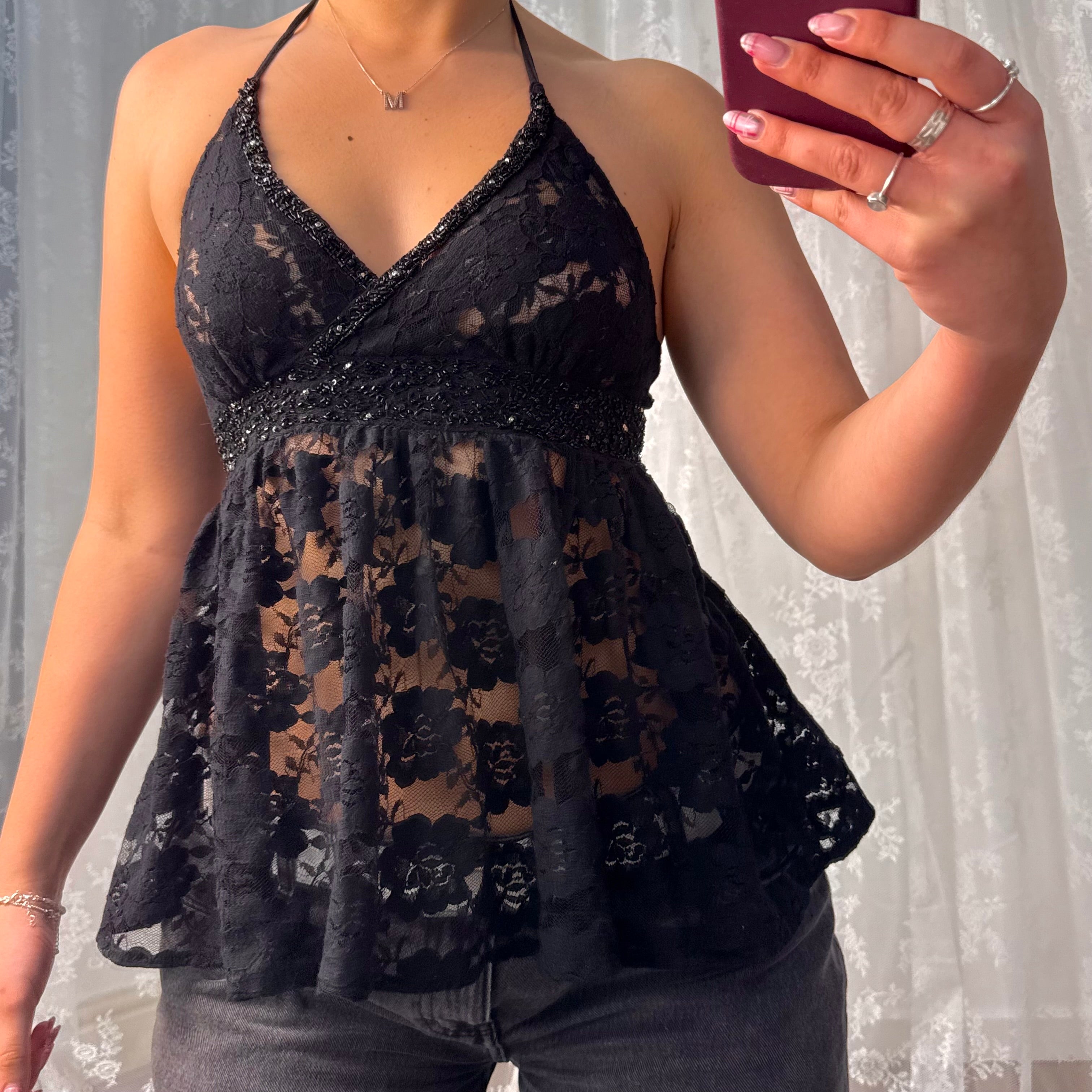 Black lace and beaded halterneck top