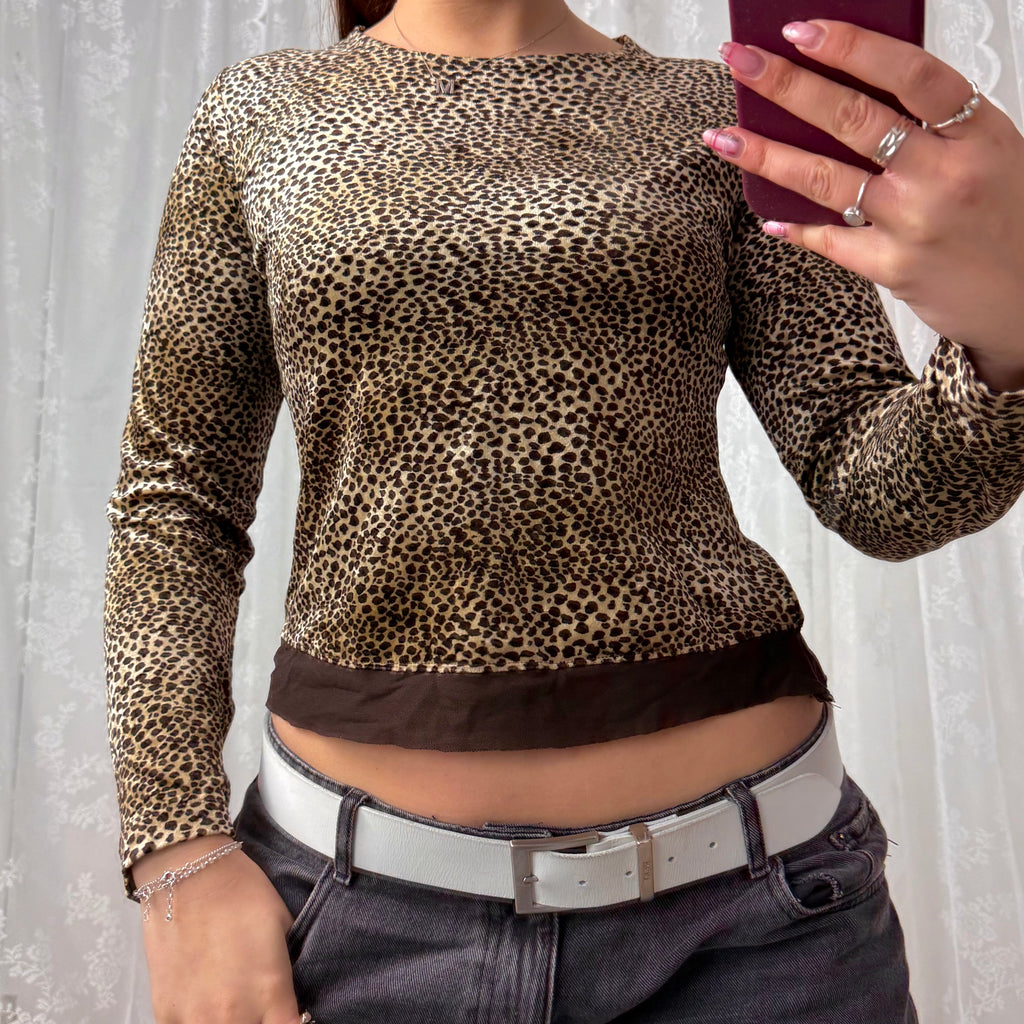 Leopard print velvet and mesh long sleeves top