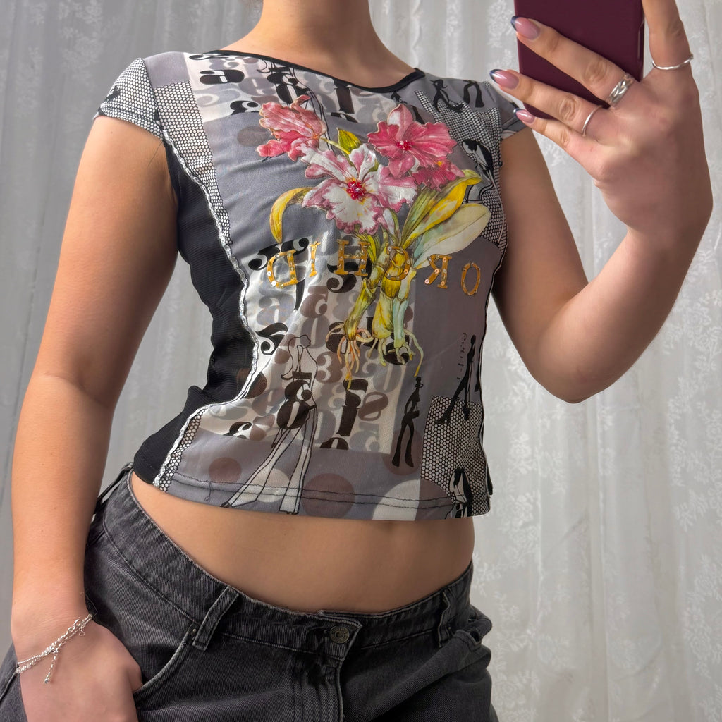 Black patterned mesh baby tee