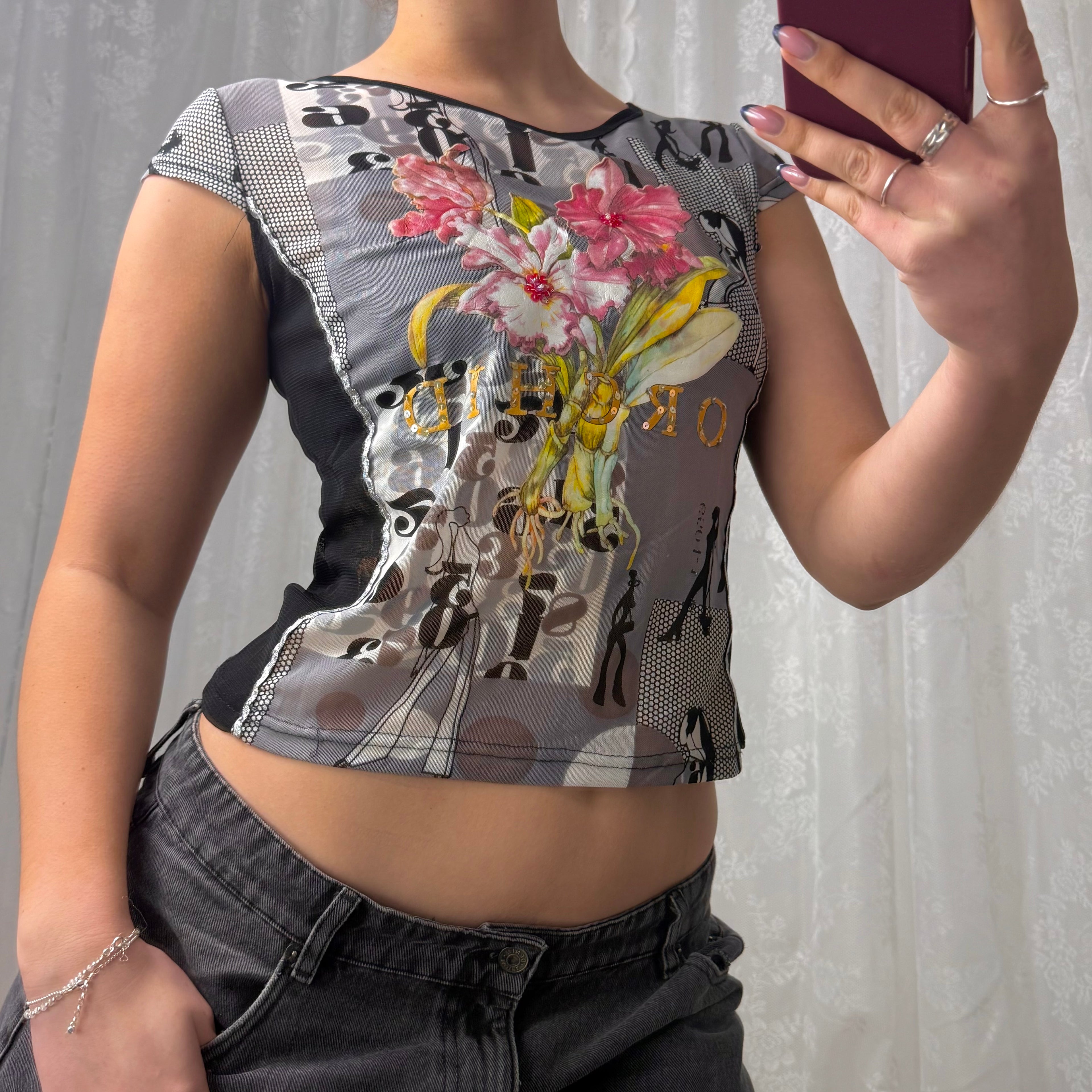 Black patterned mesh baby tee