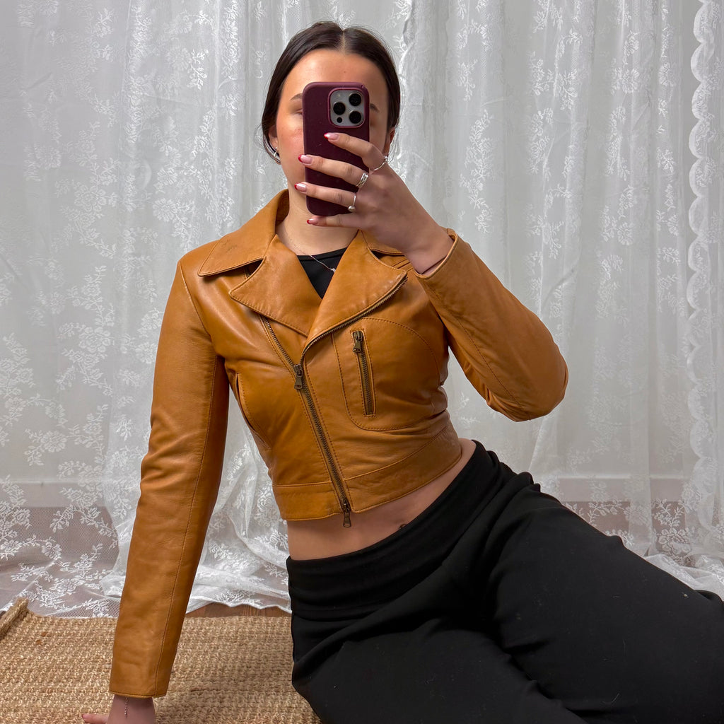 Tan cropped leather jacket with collared detail
