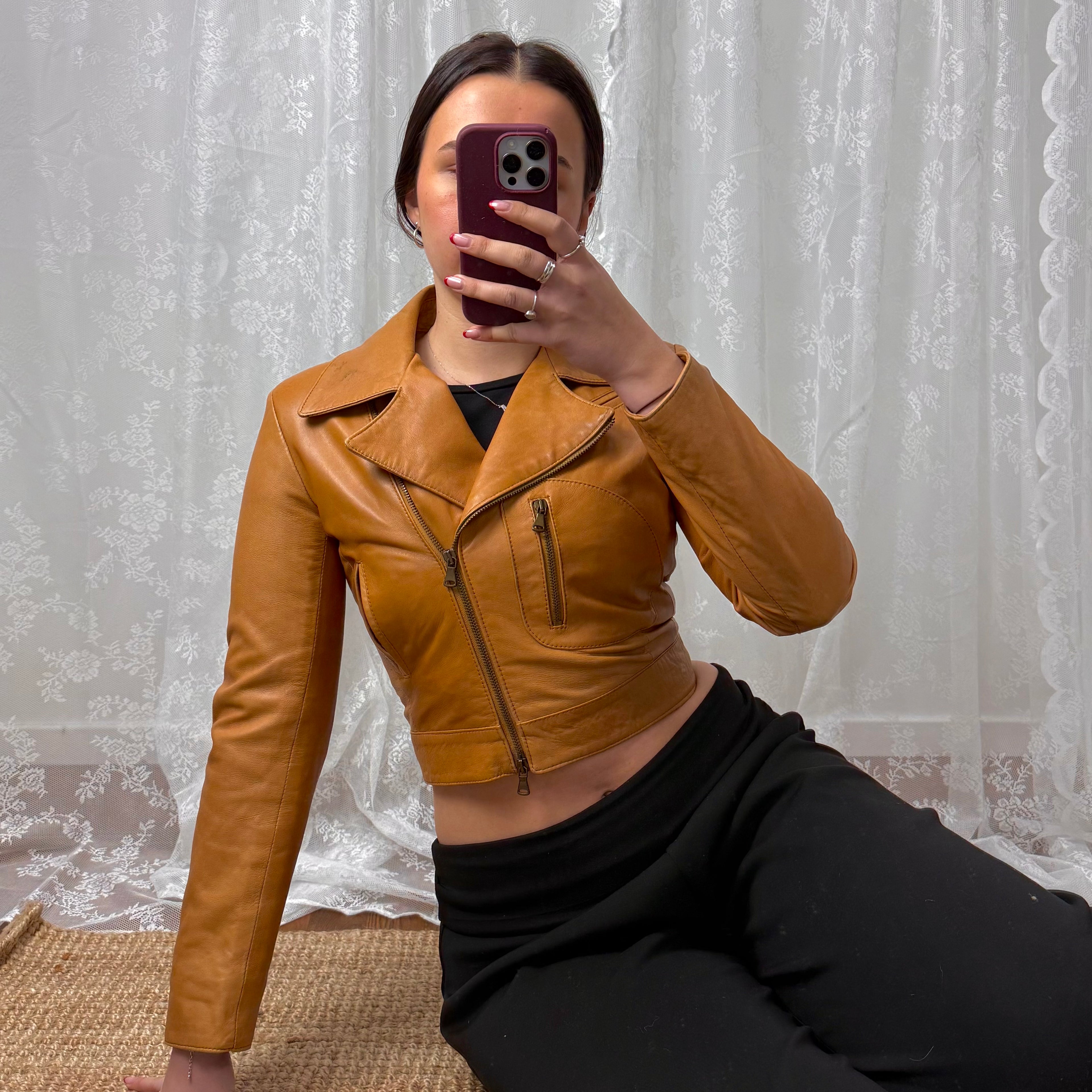 Tan cropped leather jacket with collared detail