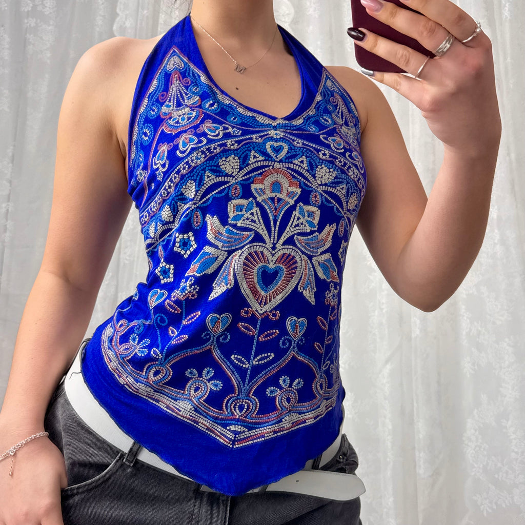 Blue detailed halterneck top