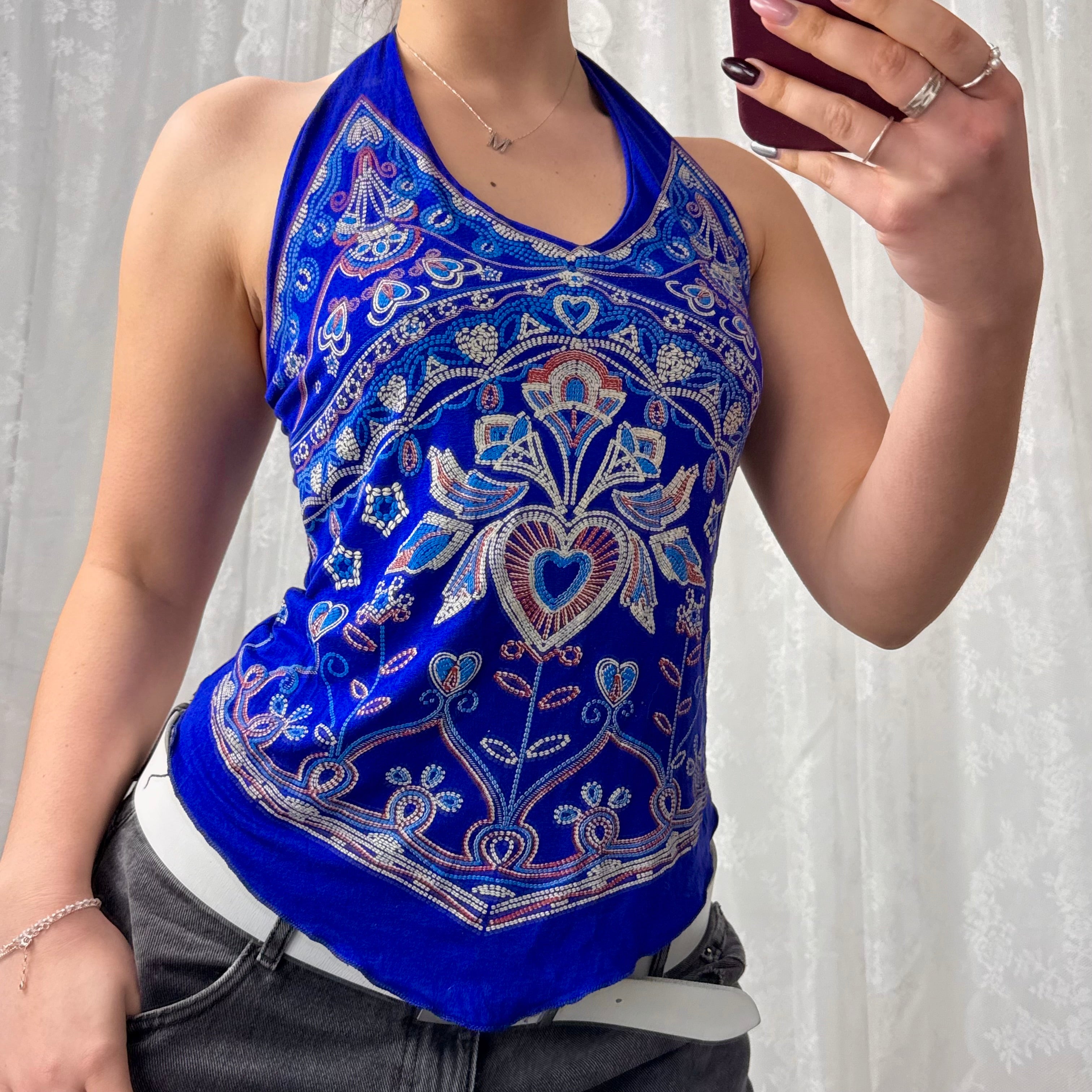 Blue detailed halterneck top