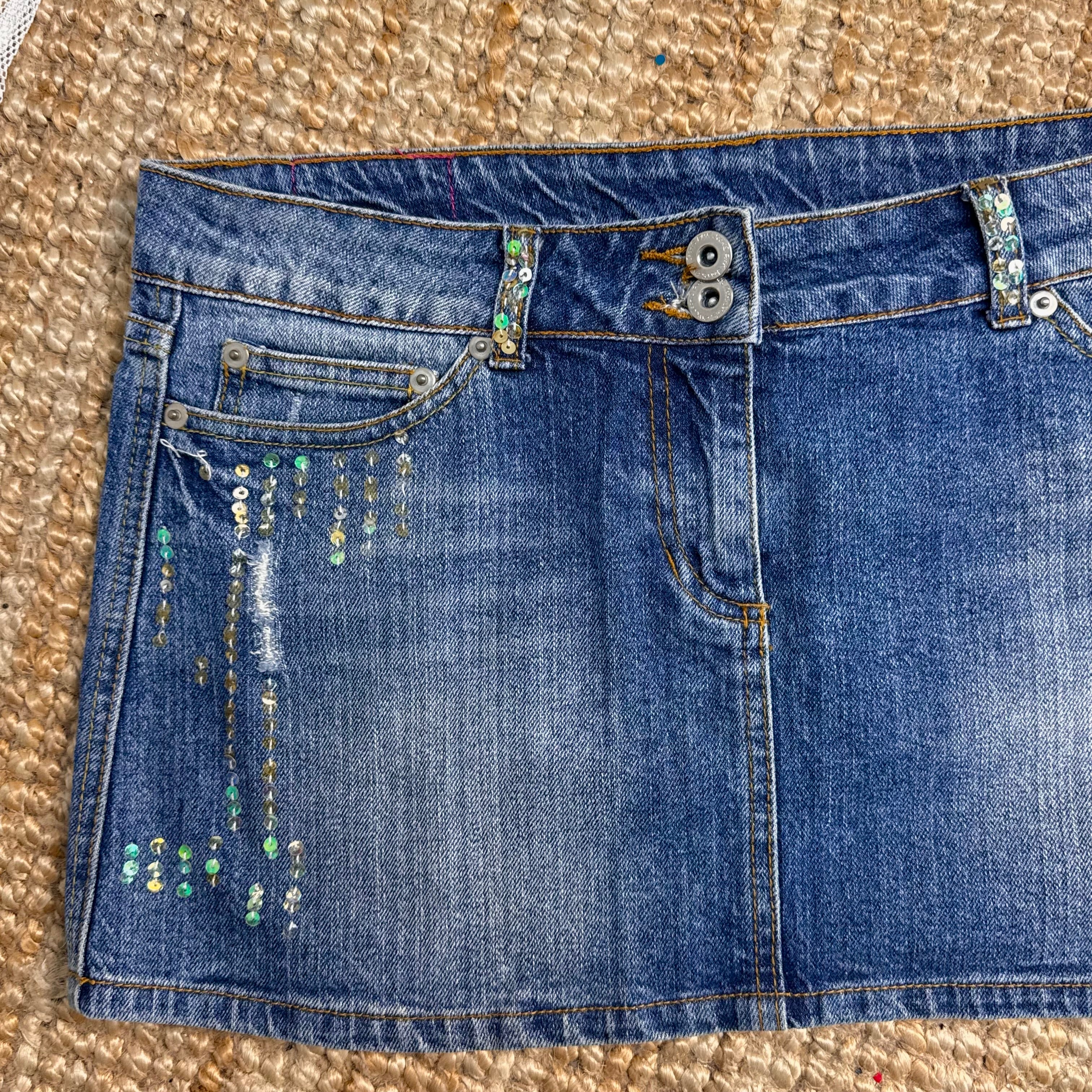 Blue denim sequin low waisted mini skirt