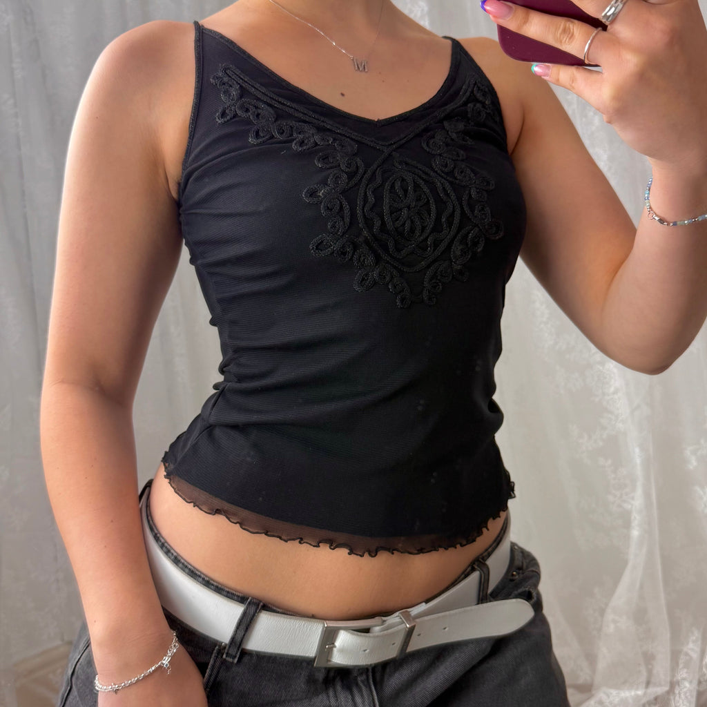 Black mesh detailed cami top