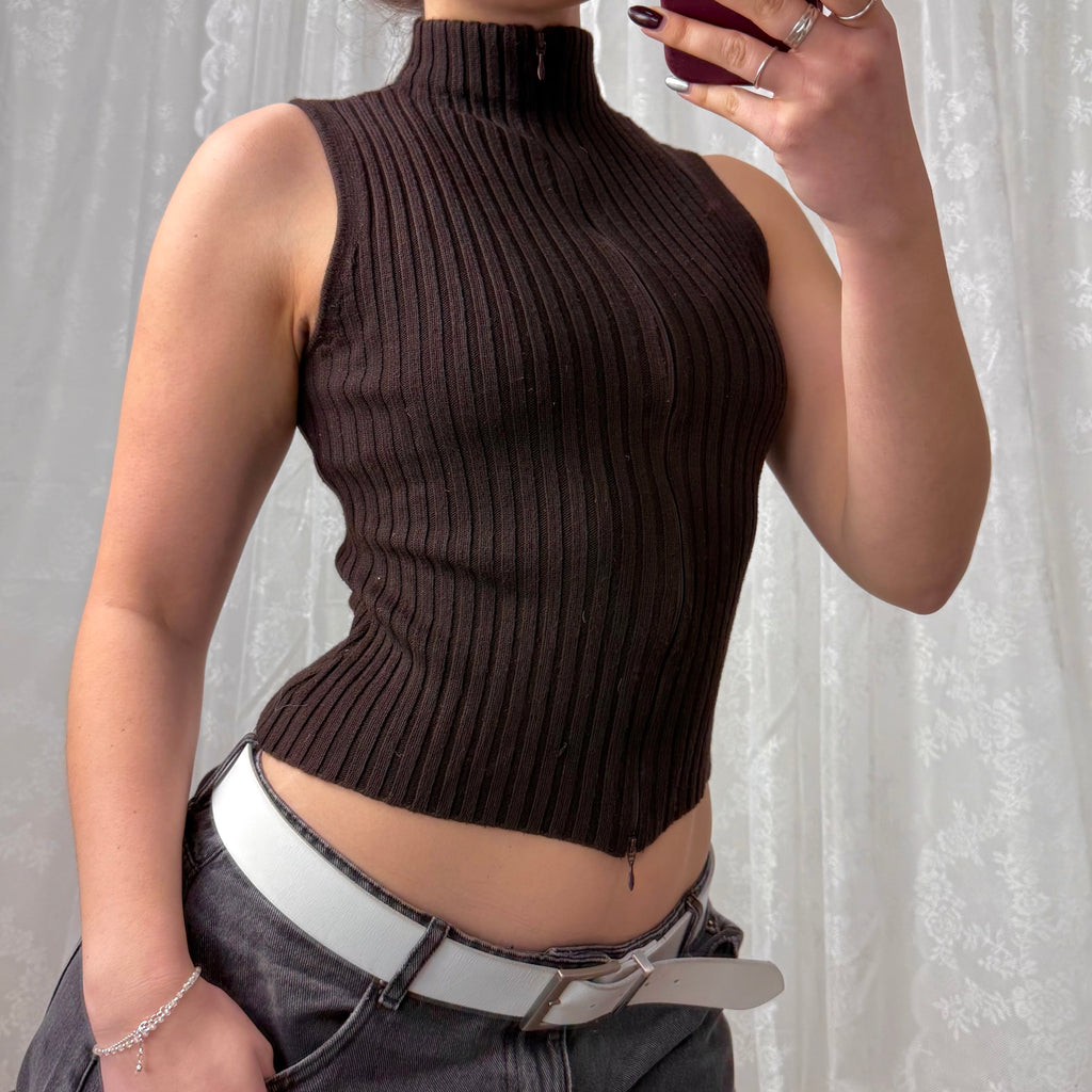 Brown double zip wool blend sleeveless sweater