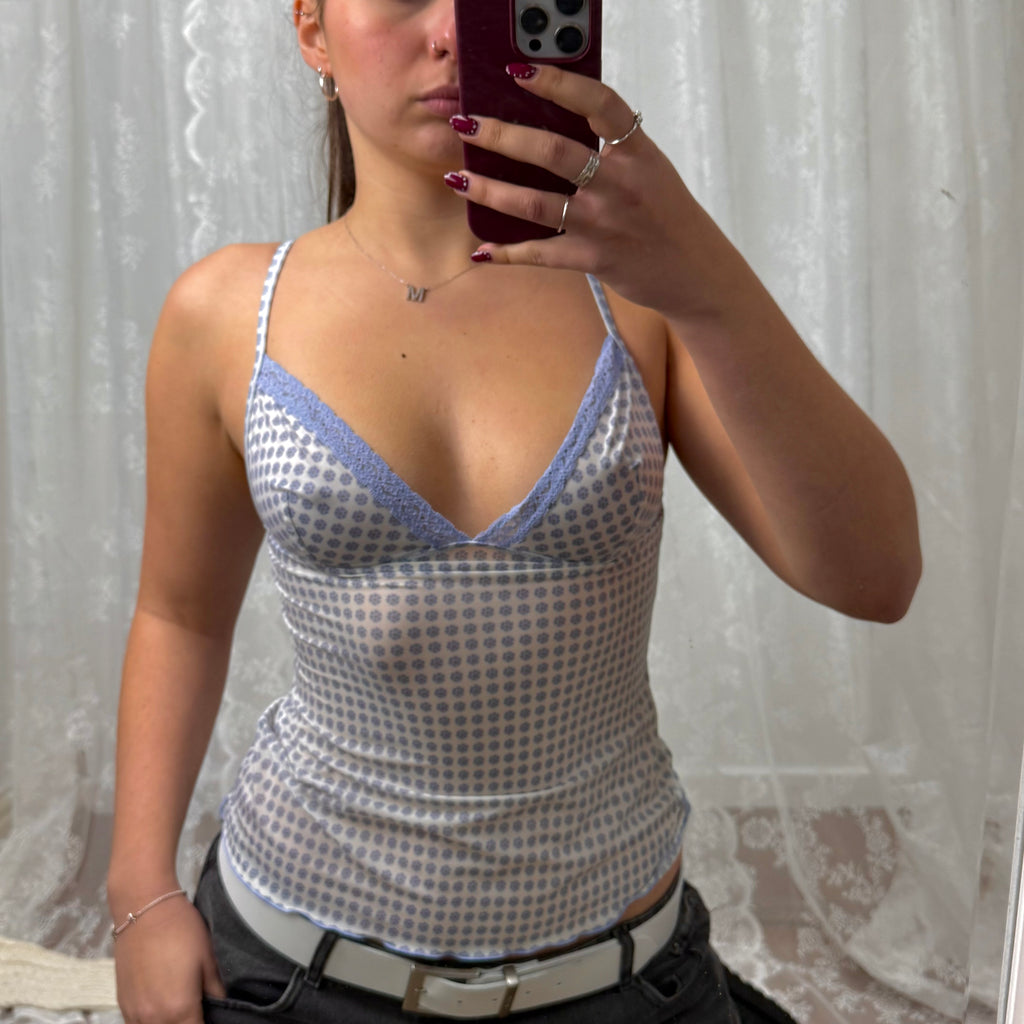 Light blue and white mesh patterned cami top