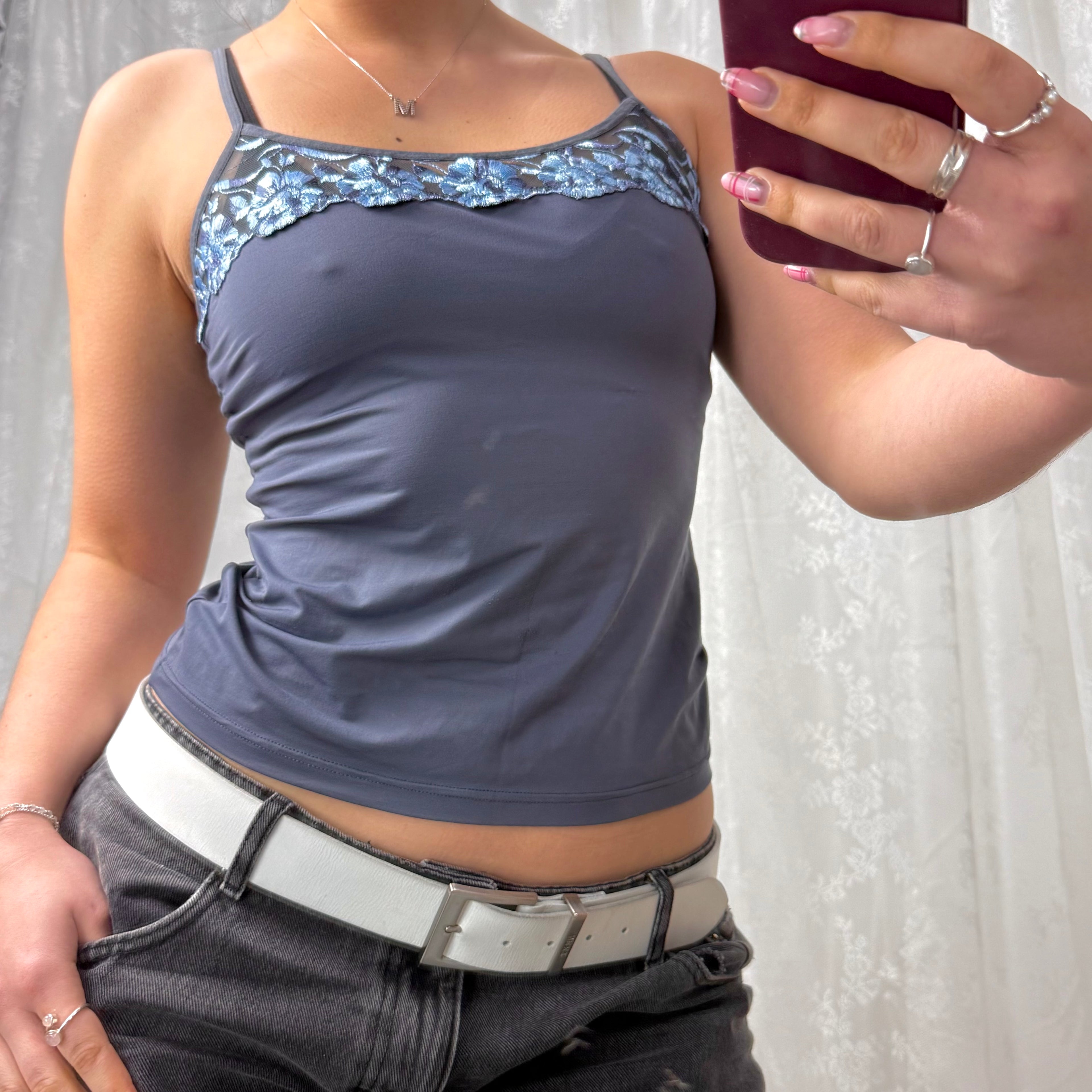 Blue slinky floral cami top