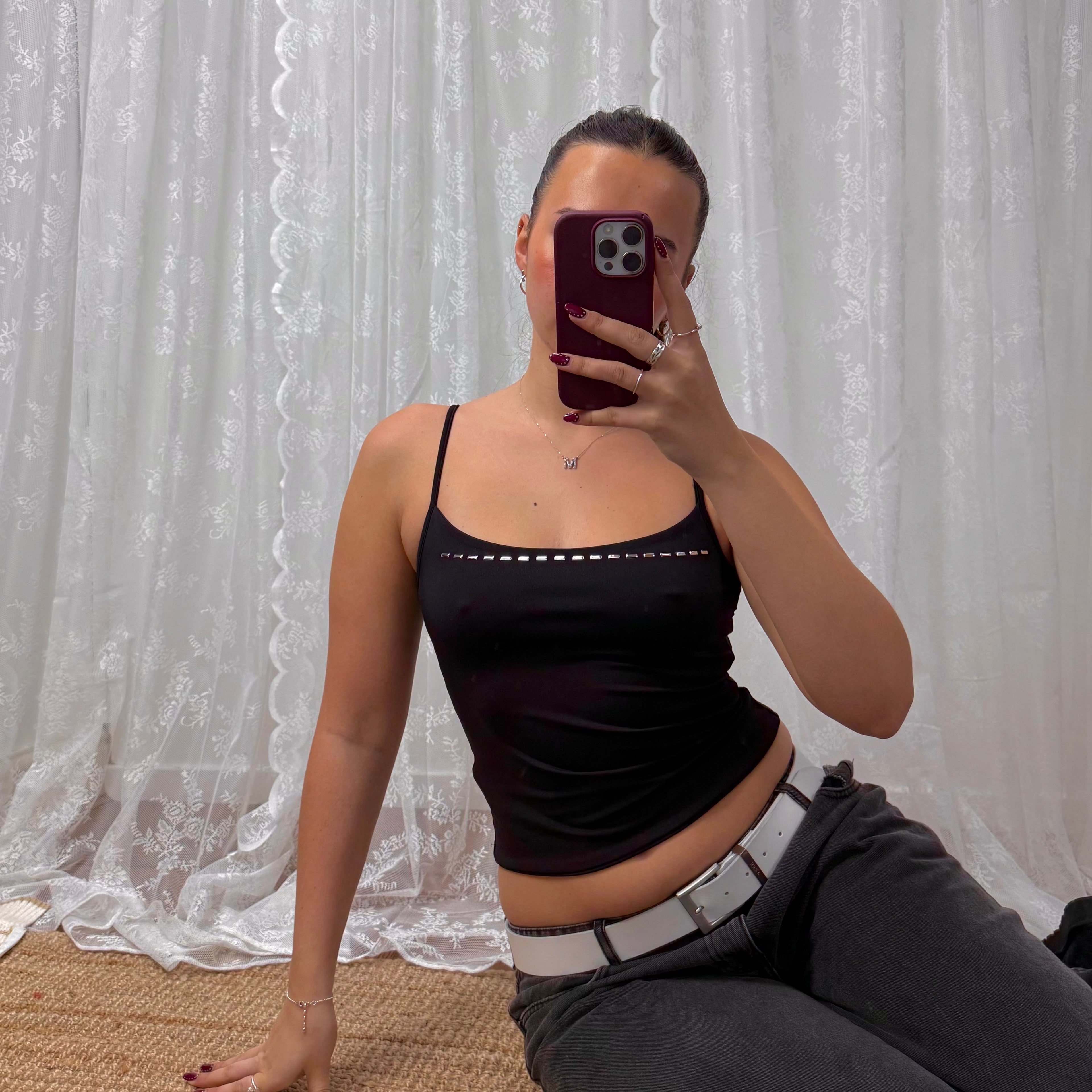 Black slinky crop top with silver pattern