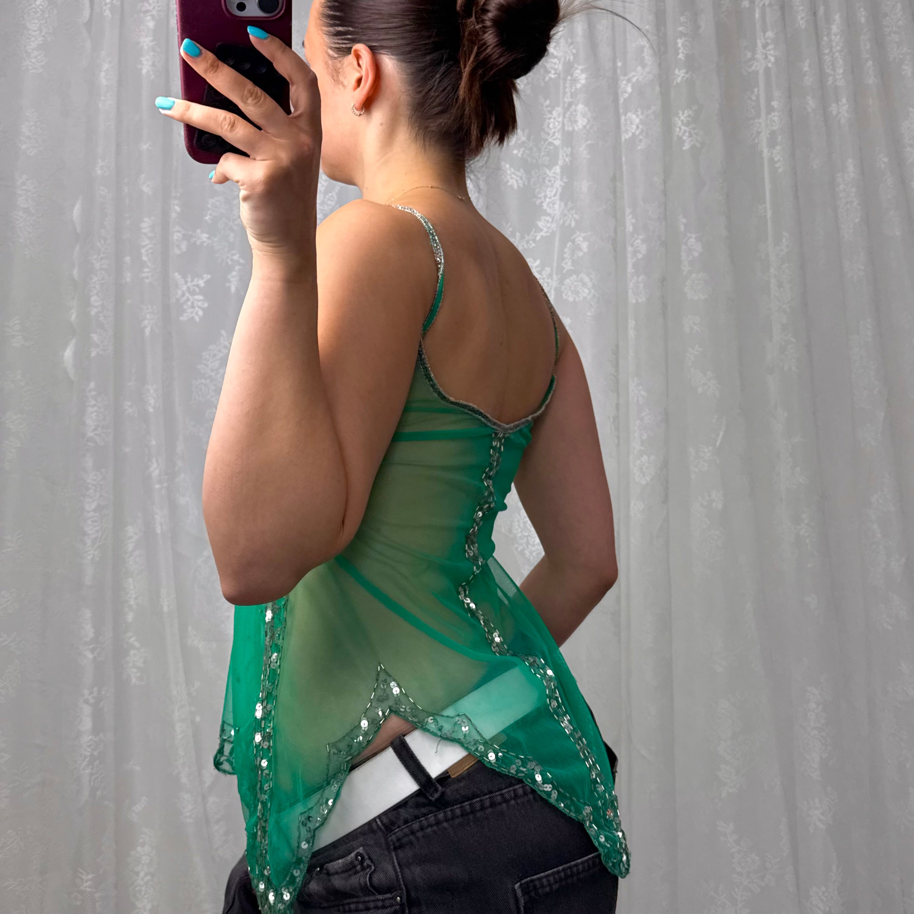 Green beaded mesh cami top