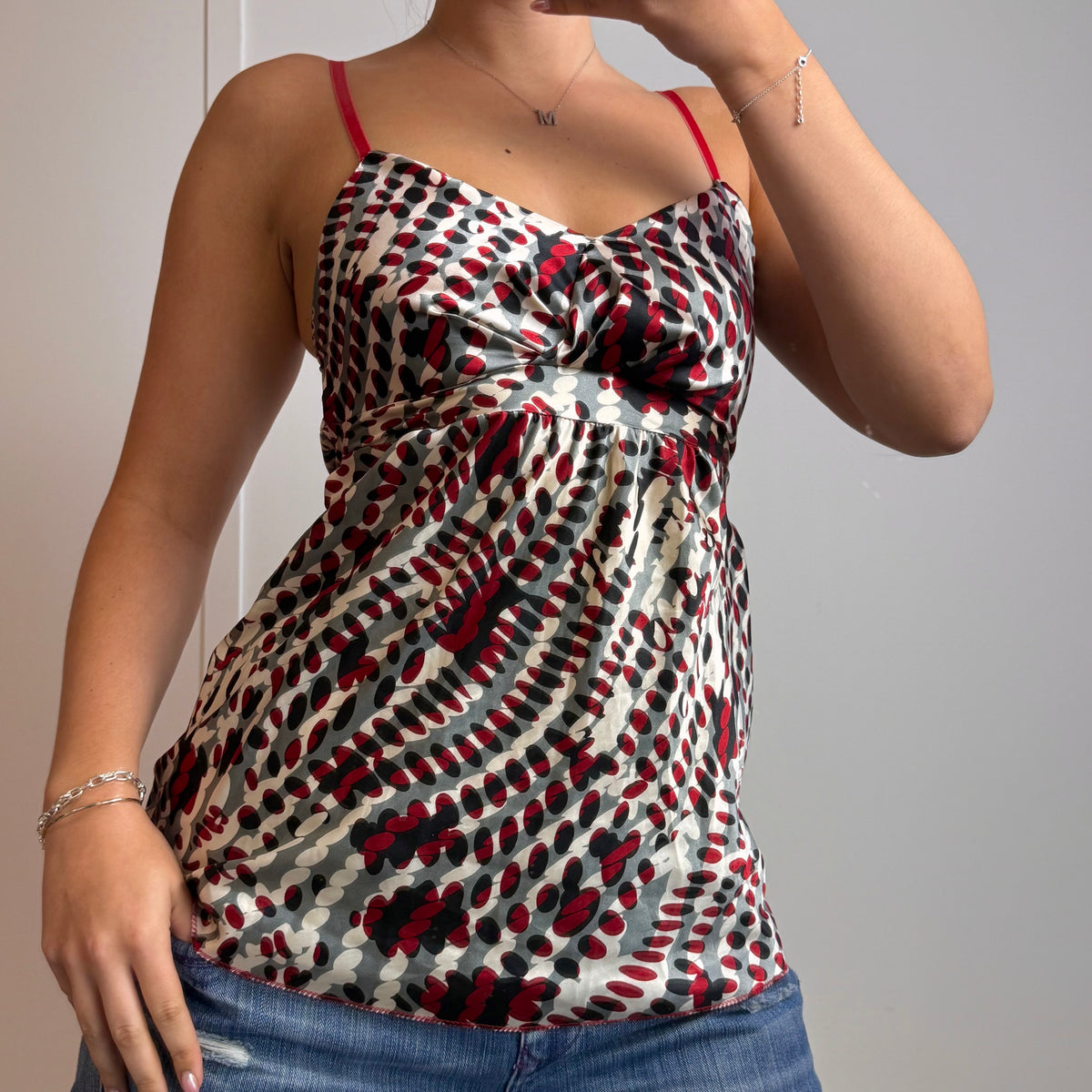 Patterned satin cami top with tie back