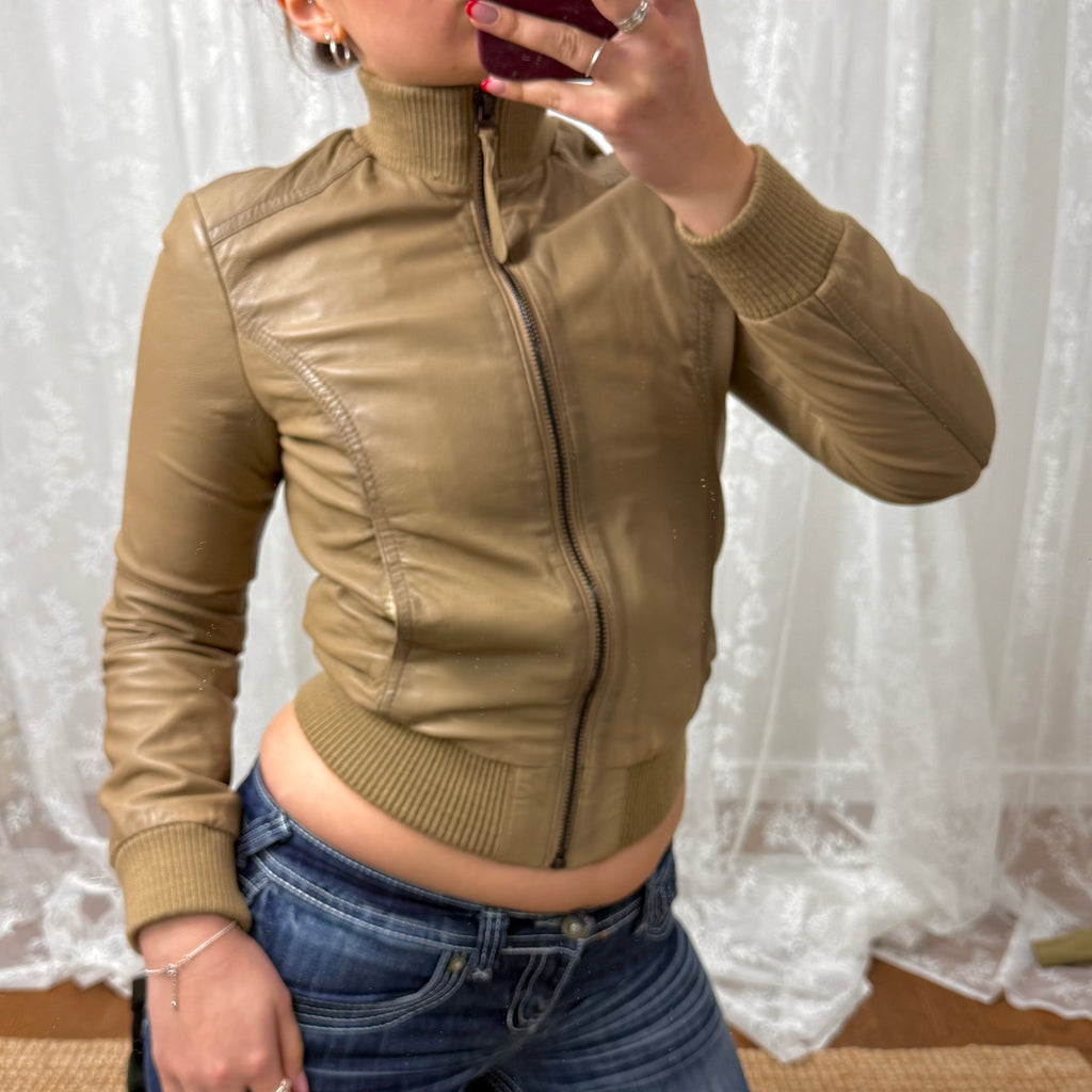 Beige leather bomber jacket
