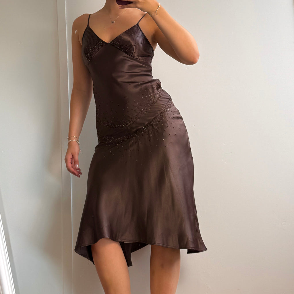 Brown beaded satin midi dress
