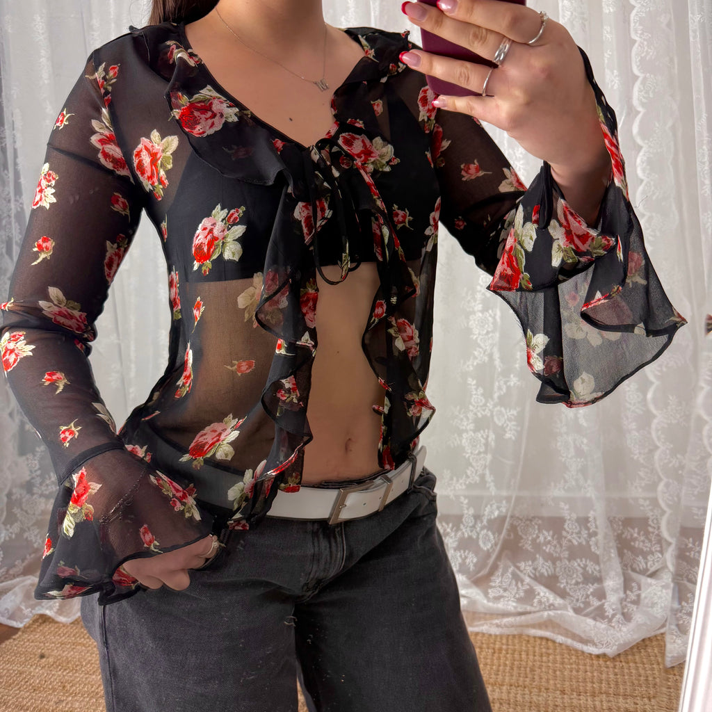 Black sheer floral floaty tie up top