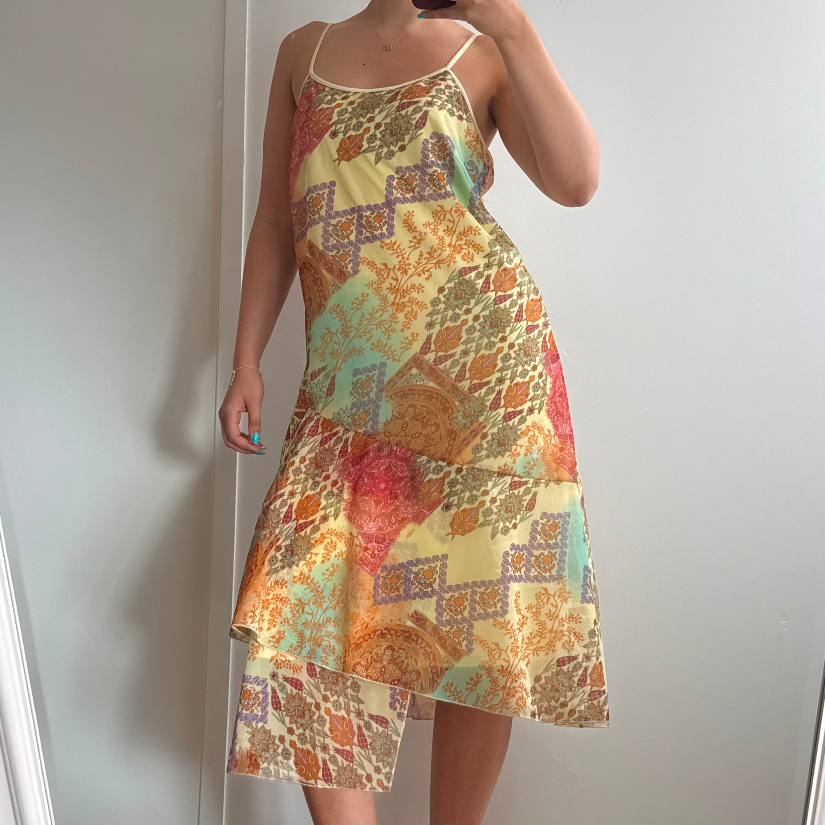 Multicoloured mesh asymmetrical patterned midi dress