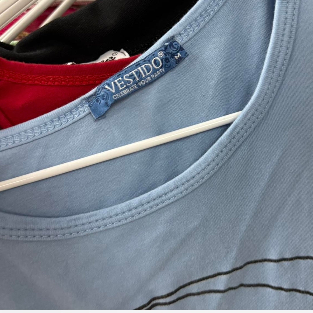 Blue and silver graphic baby tee